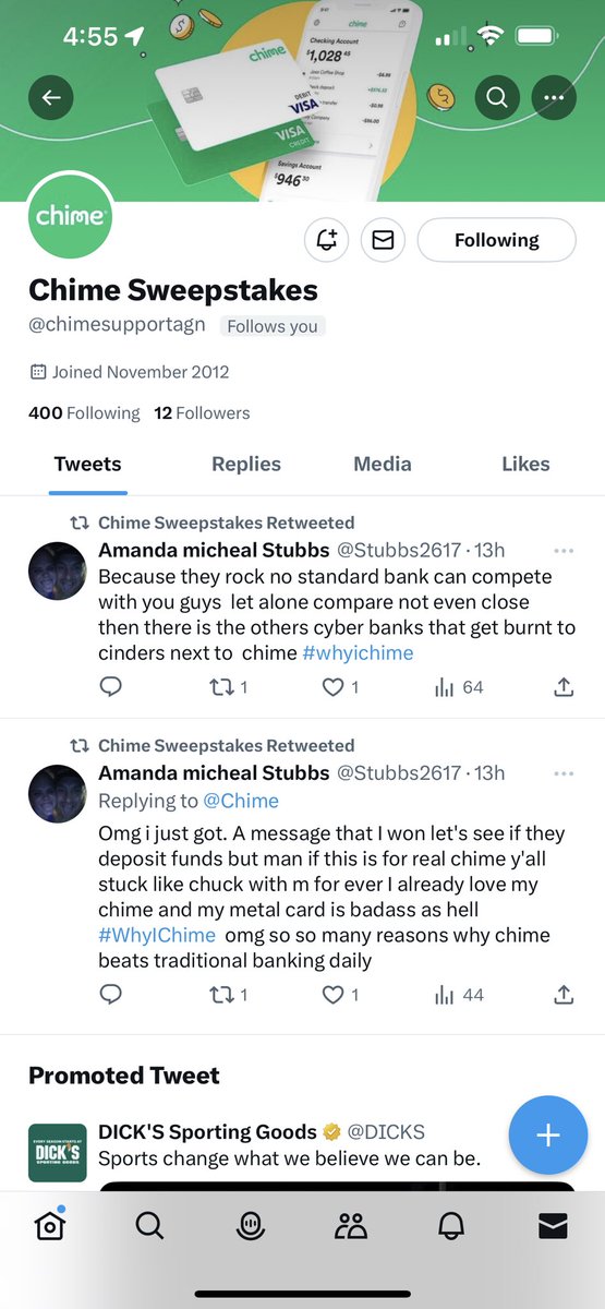 PotterfieldTom's tweet photo. @chimesupportagn this is scam! Avoid! They got me and I already reported to the official Chime and my lawyer to remove them and get their IP. https://t.co/TIH88r6Zgu