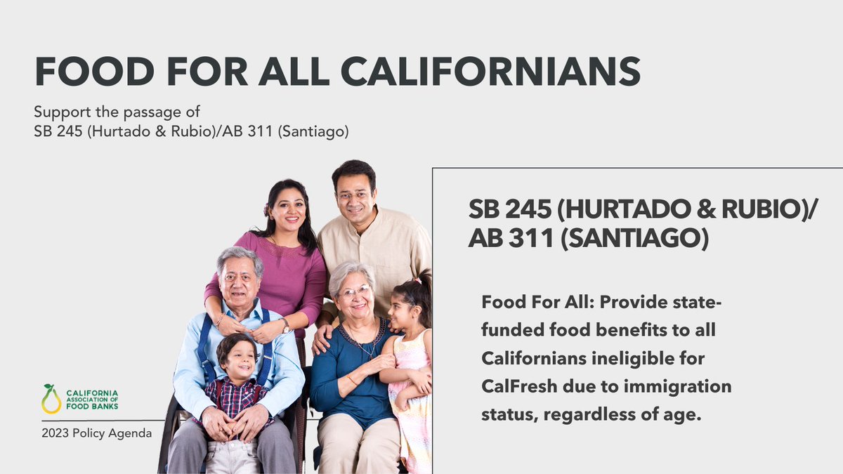 2ndharvest's tweet photo. #SB245/#AB311 #Food4All would provide state-funded food benefits to all Californians ineligible for #CalFresh due to immigration status, regardless of age. Let’s make this a reality @CAGovernor @GavinNewsom & #CAleg! h/t @Senator_Hurtado @SusanRubioCA @MSantiagoAD54 https://t.co/xczA0whLSr