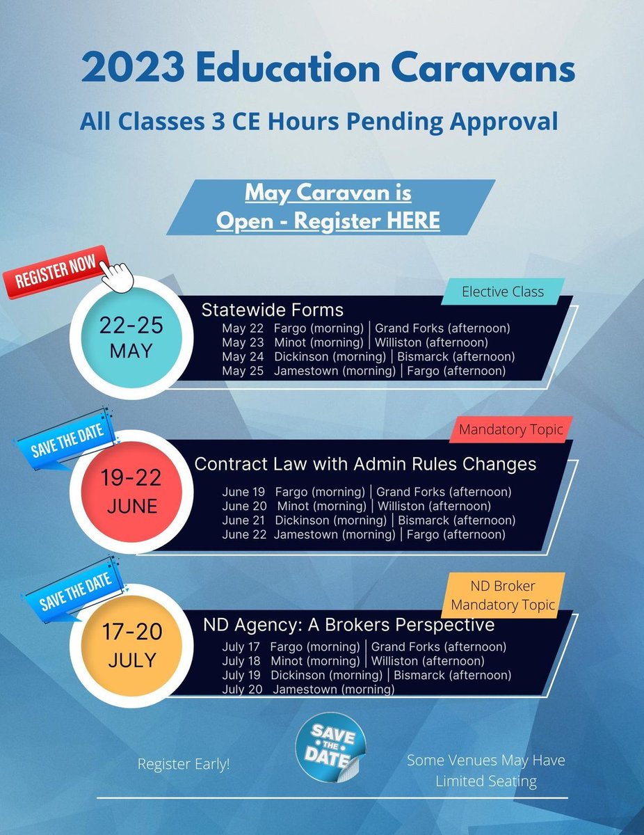 ndrealtors's tweet photo. NDAR May Education Caravan - Price Increases Monday!✅ - https://t.co/5X56KeES7N https://t.co/DZx8DzTPES