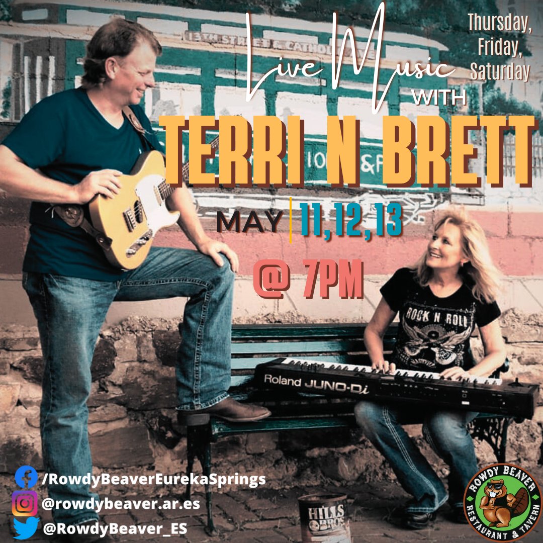 RowdyBeaver_ES's tweet photo. Terri &amp; Brett are here for Mather's Day Weekend! You read that right! THREE nights of the best music in town starting @7PM Thursday, Friday, &amp; Saturday!
#livemusic #mothersday #happymothers #rowdybeaver #eurekasprings https://t.co/TMAf1rVfhj