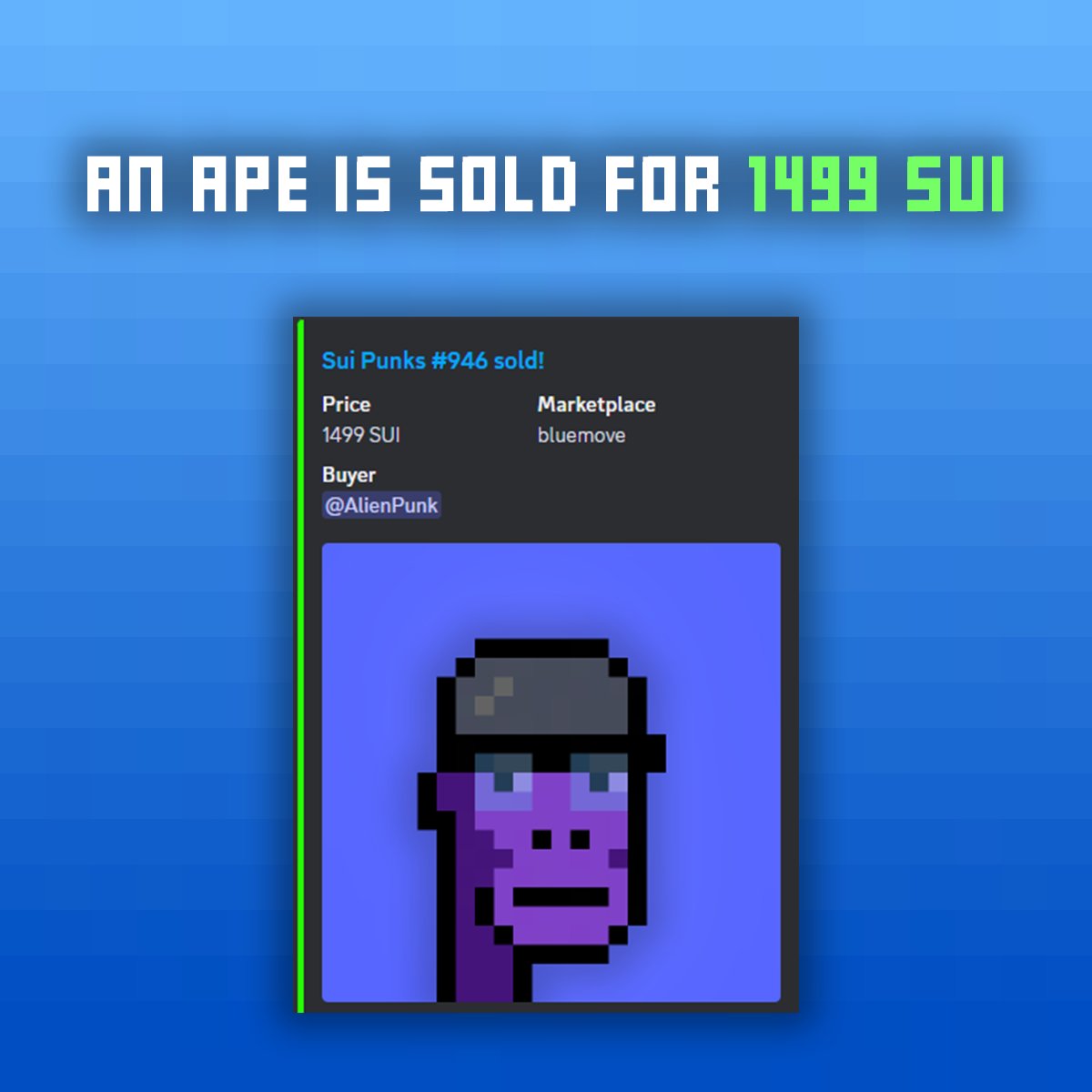 We totally missed some huge bargains, guys.

Sui Punk #946 just got snagged for a cool 1499 $SUI ✅

Let's go! 🚀🚀