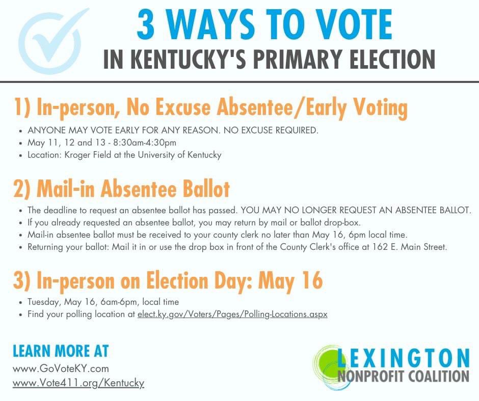 LexNonprofits's tweet photo. Early voting for the 2023 Primary is open and continues through Saturday, May 13 at Kroger Field. Visit https://t.co/l5V6pILxwI for more info. #KYNonprofitsVote #LexNonprofitsVote #LexVote https://t.co/veqAj3nwea