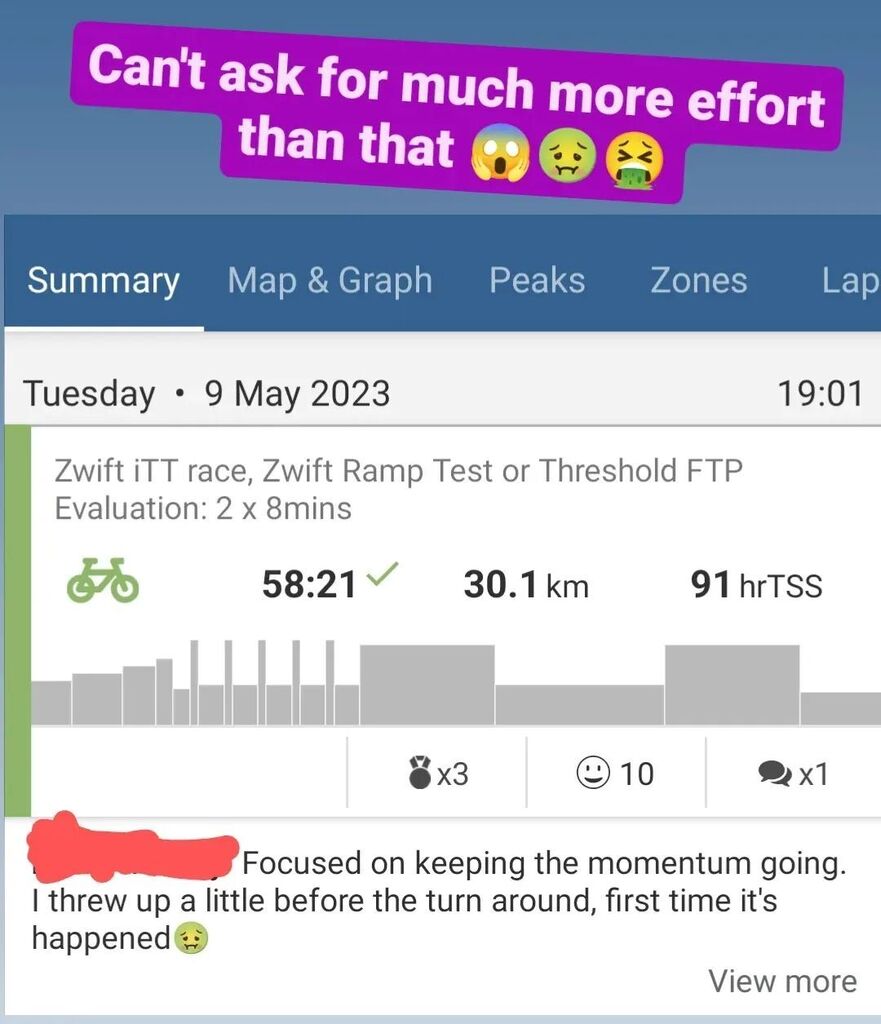 "I threw up a litlle...." 🤢🤮 occasionally you need to push really, really hard. How hard have you pushed yourself during a session or race?
. 
Have you pushed so hard you've vomited?
Have you pushed so hard you needed to lie down on some cool bathroo… instagr.am/p/CsHbX0Rs4zv/