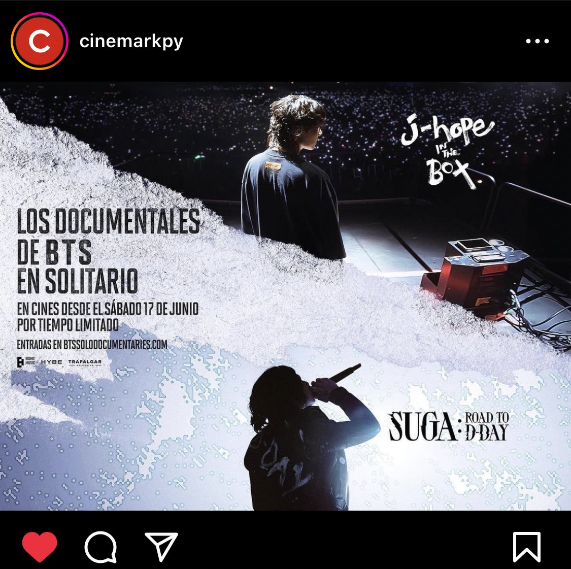BTSPYDAILY's tweet photo. [🇵🇾] ¡PY ARMY! Se nos hizo REALIDAD 👯‍♂️

La cadena de cines CINEMARK habilitara funciones para los documentales en solitario de BTS tanto JHOPE in the BOX y SUGA ROAD to D-DAY!

La venta de entradas iniciara el martes 16 de mayo!

Las funciones seran LIMITADAS

#BTSDocumentaries https://t.co/VS5DkXzbal