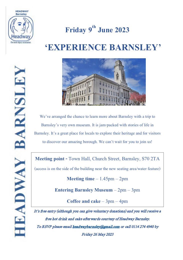 llyaklingard's tweet photo. Looking forward to our next @BarnsleyHeadway social at Experience Barnsley, learning more about the town’s history with our members (&amp; cake afterwards of course!) 

If you know someone who’d like to join our socials, get in touch! 

#history #community #braininjury #social https://t.co/18G2mzaJhK