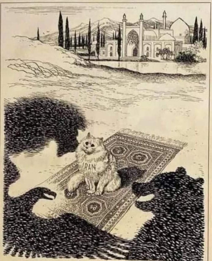 سال1945استاد (رسام ارژنگی) این کاریکاتور زیبا و رسارا دربهبهه اشغال ایران توسط نیروهای 3دولت روس، انگلیس وآلمان کشیده ودر نشریه punchلندن به تاریخ3دسامبر45بچاپ رسیدو زیر کاریکاتور نوشت: 
گربه ایی که میخواست تنها باشد! 
روحش شاد
#مهسا_امينی‌‌ 
#علیه_فراموشی 
#زن_زندگی_آزادی