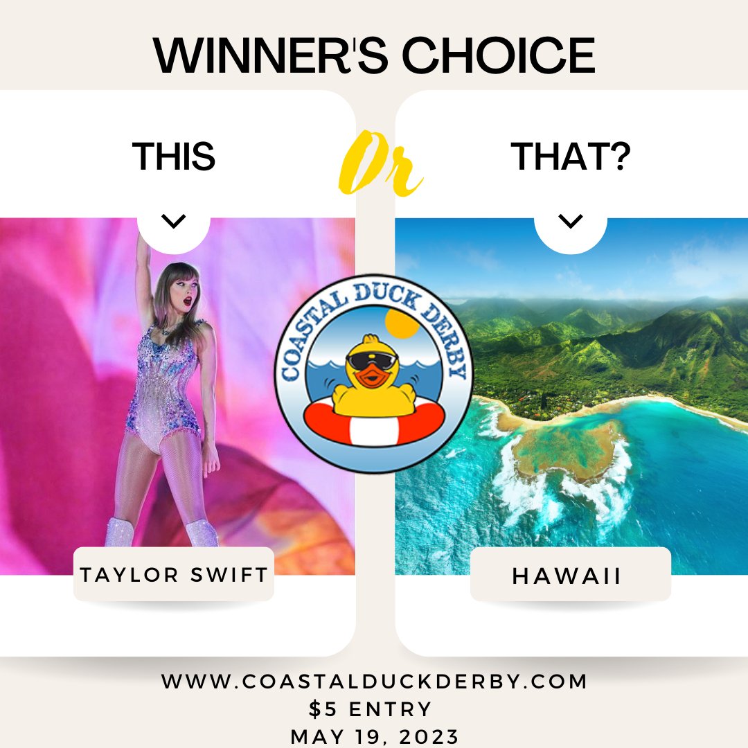 This or that? The choice is YOURS at Coastal Horizons' Duck Derby! WIN a trip for two to HAWAII or tickets for two to see TAYLOR SWIFT in concert 🤔🦆🌺🏝️🎤 Support our Crisis Intervention Services. Enter now for $5 at the link in our bio. #ErasTour #TaylorSwift #Swifties