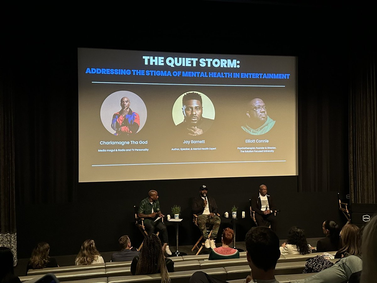 <a href="/cthagod/">Charlamagne Tha God</a> leads a panel at the inaugural Hollywood and Mind summit on decreasing stigma in mental health, especially in the African American community. Panelists Jay Barnett and Elliott Connie had incredible insights, including the fact that we need to teach people how to flourish