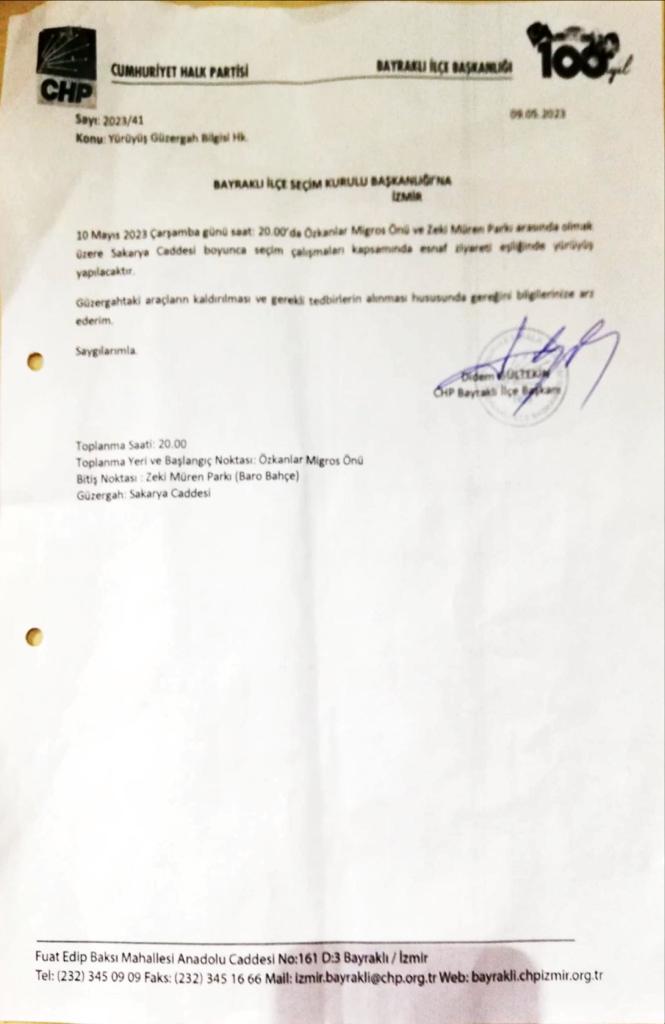 1- Kerameti kendinden menkul CHP Bayraklı İlçe Başkanı Didem Gültekin'e sormak istiyorum... 

Hangi yetkiye dayanarak kanunsuz ve hukuka aykırı yürüyüş düzenlemek için Bayraklılı hemşehrilerimizin güzergah üzerinde bulunan araçlarının kaldırılması talebinde bulundunuz?
