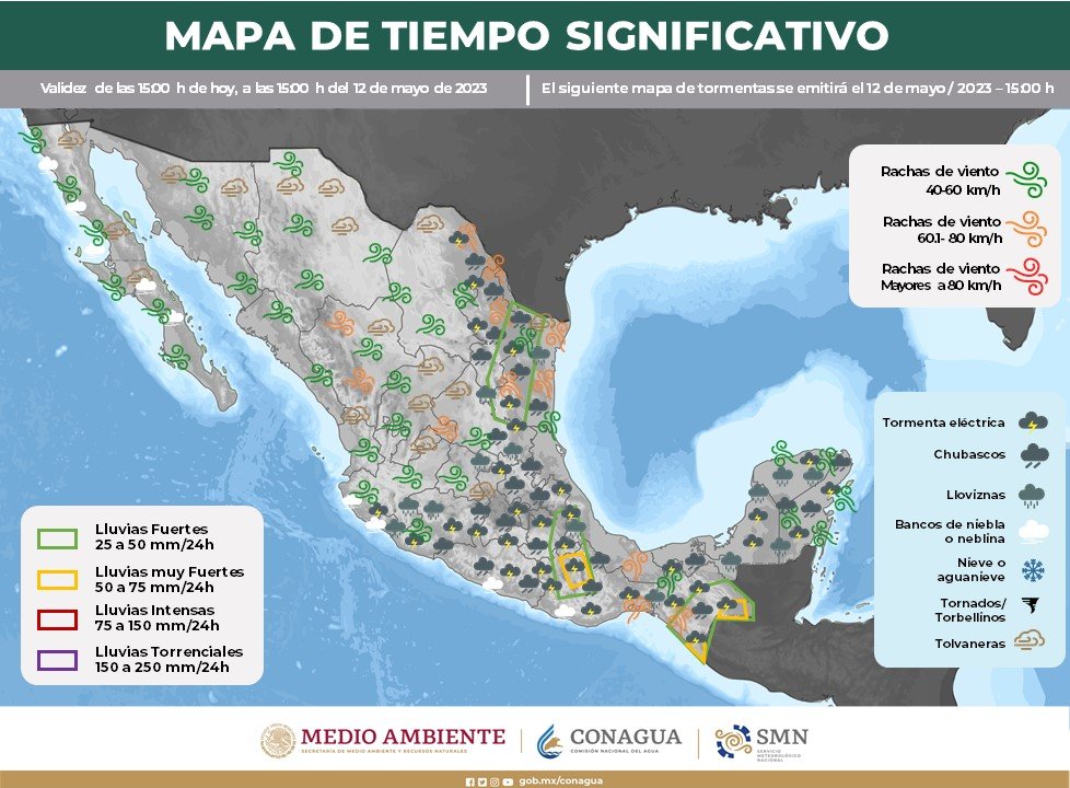 En las próximas 24 horas se esperan #Lluvias de fuertes a muy fuertes en zonas de #Oaxaca y #Chiapas; fuertes en #NuevoLeón, #Tamaulipas, #Puebla y #Veracruz, así como #Rachas de #Viento de 60 a 80 km/h en #Durango, #Zacatecas, el noreste de #México y el #ItsmoDeTehuantepec