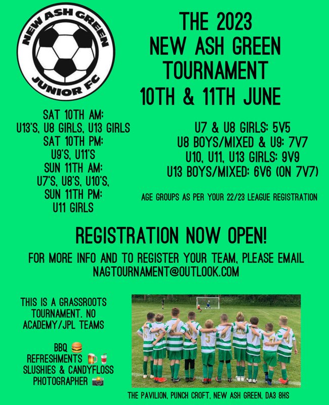 newashgreen_jfc's tweet photo. U8 boys, U10 boys, U11 boys already full!
Email nagtournament@outlook.com to register
#tournament #kidsfootball #boysfootball #girlsfootball #summer #footballtournament #kent #summertournament #kidstournament #grassroots #grassrootsuk #southeast #mdyl #kglfl #Medway #football https://t.co/9625LMVciE