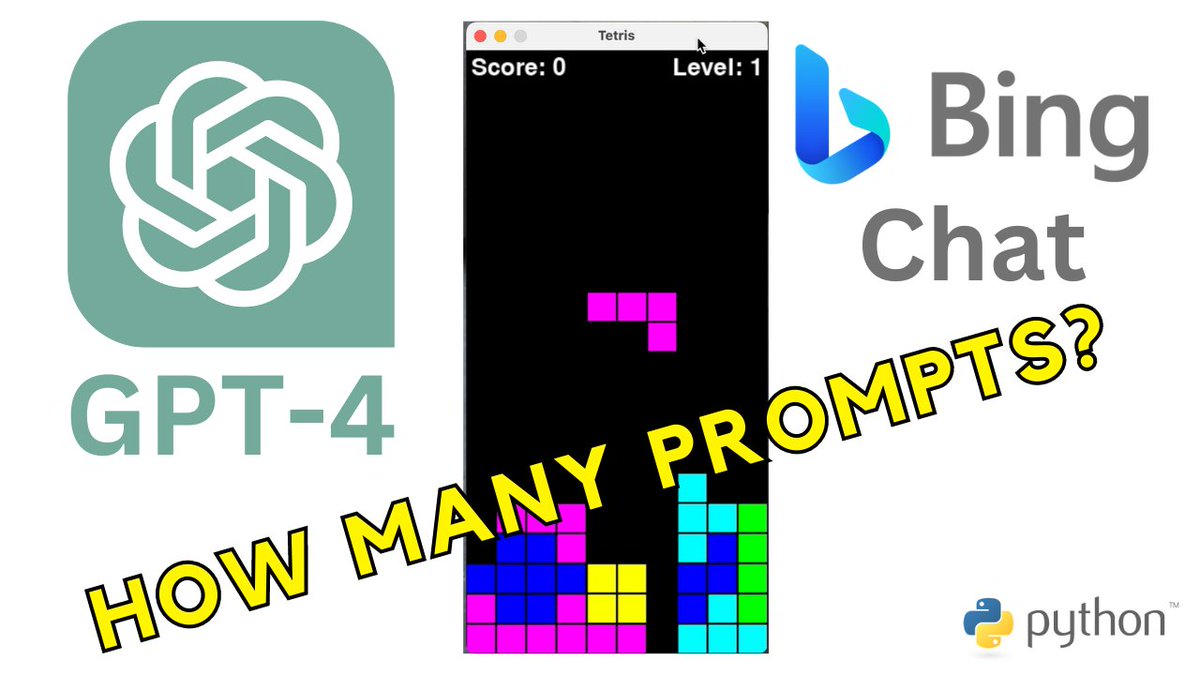 If you provide a good initial prompt, then both GPT-4 and BingChat will be able to give you a pretty decent python code for tetris in about 8 prompts.
Troubleshooting the code is a whole another story. 

Video: youtu.be/XxgJsqHmfHY