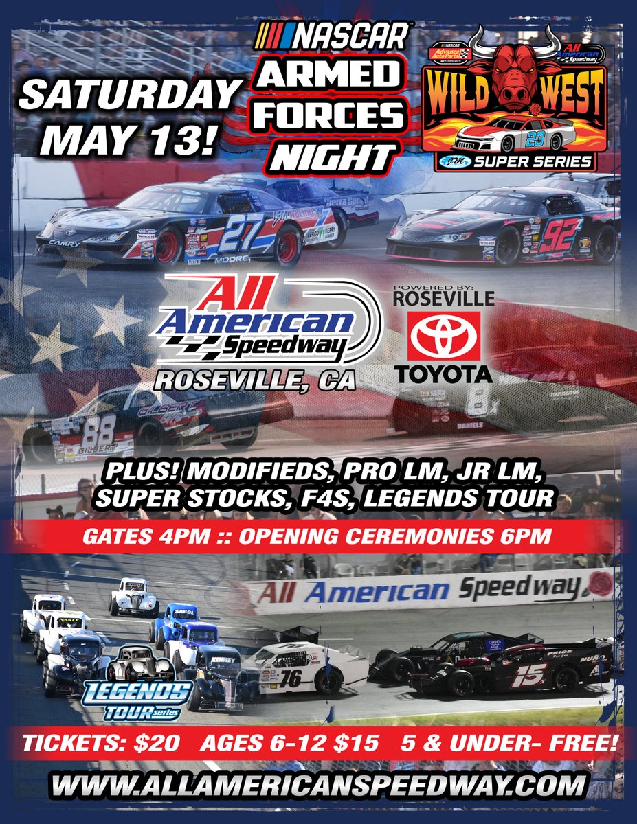 Saturday night is @NASCARRoots Armed Forces Night in Roseville! Don't miss a lap of the action. Grab tickets now at AllAmericanSpeedway.com