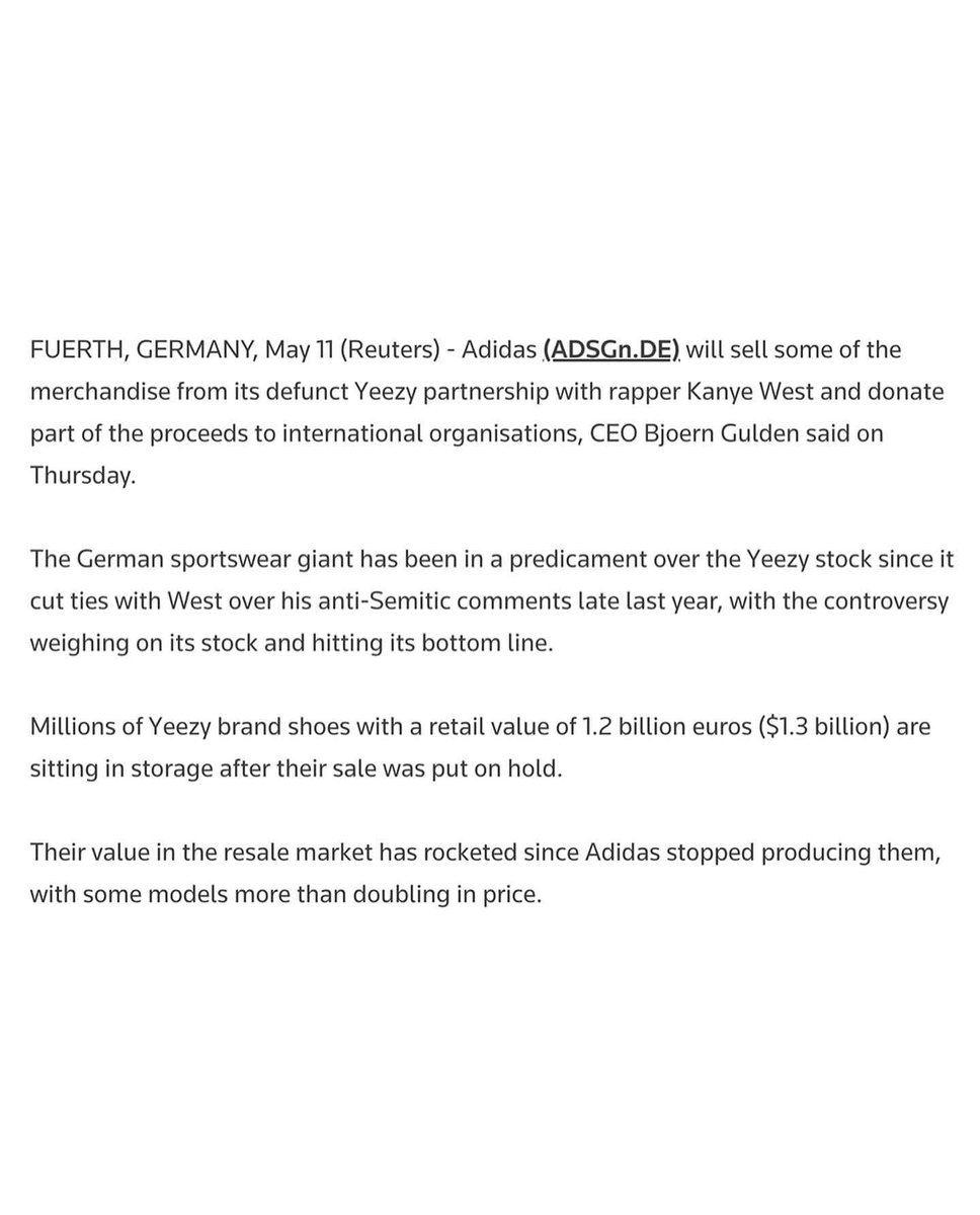 HypeNaysh's tweet photo. #adidas will be selling Yeezys again! Ye will receive 15% Commission on all goods sold. Part of the proceeds will also go to international organizations. https://t.co/eNYj50IS2o