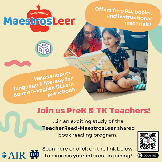 AxHolod's tweet image. ECE and TK teachers working with Spanish-speaking 4-year-olds in Fresno and Orange County, CA get free children's books, instructional materials, and a $300 stipend for participating in the MaestrosLeer Study. Scan the code  @First5Fresno; @ocaeyc; @FresnoCoSS  @AIRinforms