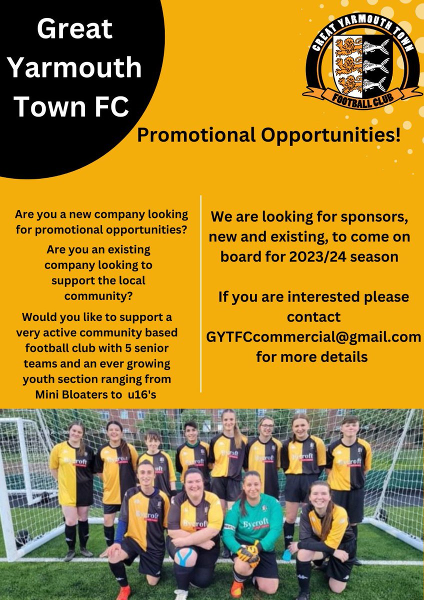 The_Bloaters's tweet photo. We need you! 

We are looking for sponsors for the 2023/24 season
 
If you’re interested please email 
GYTFCcommercial@gmail.com
for more details 🧡🖤 https://t.co/e7EhuVp1FQ