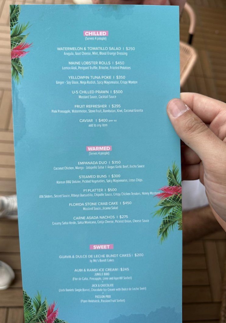 unusual_whales's tweet photo. Reported prices of Miami F1, from Reddit.

Nachos are $250.
Ice-cream is $245. https://t.co/Aho5IOgmyi