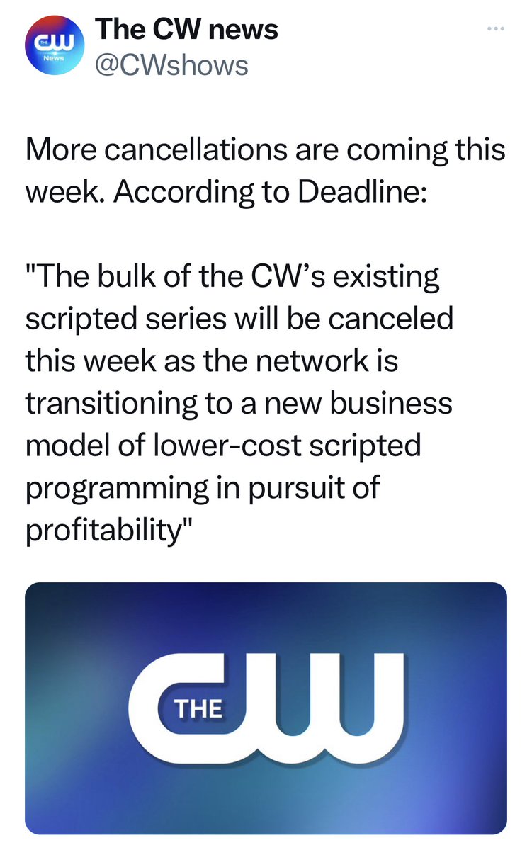 This is so sad. CW was a great place to work. Talented kind executives who supported us at every turn. 

First thing Mark Pedowitz said to us: “Don’t ever pull yourselves back.”

At one point 67% of their showrunners were female.

RIP to one of the best places I ever worked.