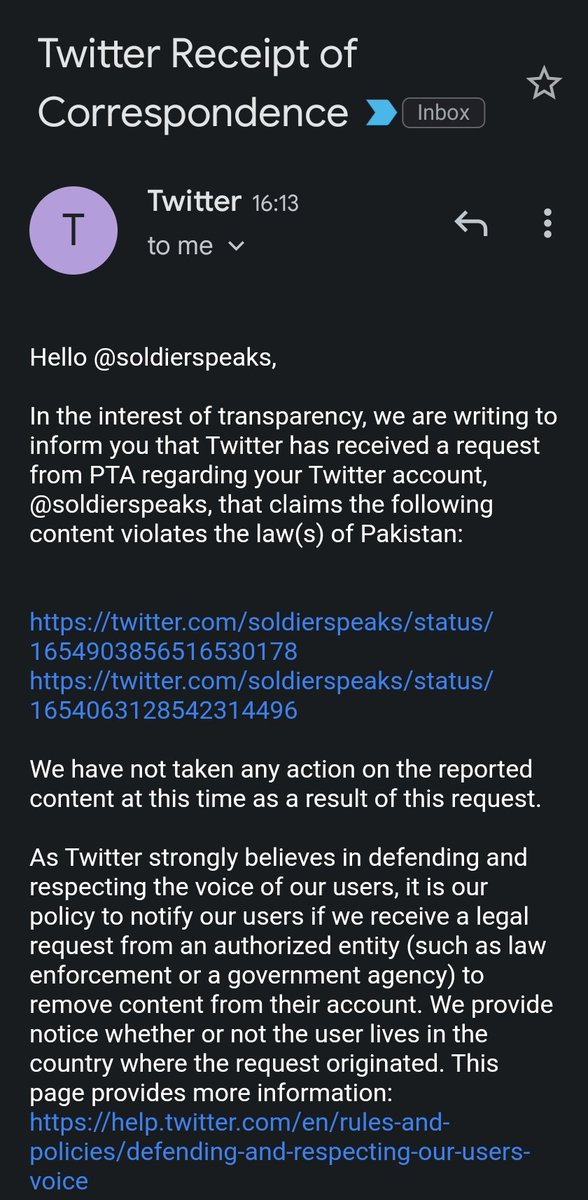 soldierspeaks's tweet image. پی ٹی اے نے اس ٹویٹ کو غیر قانونی قرار دیتے ہوئے، ٹویٹر سے اسے اتارنے کا مطالبہ کیا مگر ٹویٹر نے ٹھنڈ کروا دی۔
جنگل کے قانون کیمطابق یہ ٹویٹ غیر قانونی ہے۔