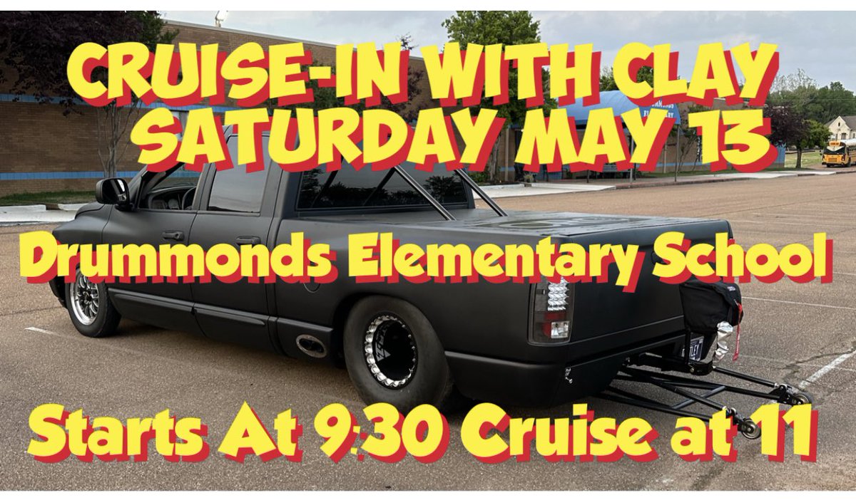 ClayMillican's tweet photo. This Saturday, May 13 Cruise-in w Clay.
Starts at 9:30 Cruise at 11. Drummonds Elementary School. Autographs and a Q&amp;A after the cruise with Mike Cotten and I. $20 to cruise with all proceeds going to the Friends Of Tipton County Animal Shelter. https://t.co/fjPUf2Fsli