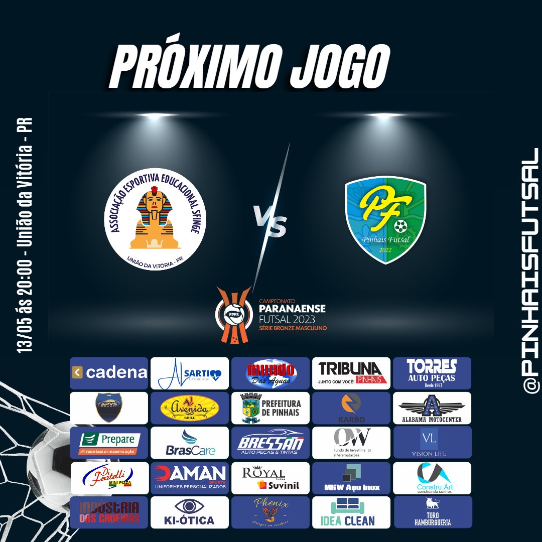 PinhaisFutsal's tweet photo. PRÓXIMO JOGO!

SFINGE x PINHAIS

Dia: 13/05/2023 às 20:00 H

Contamos com o apoio da nossa torcida!!!

Local: União da Vitória - PR

#pracimapinhais💙💚 #seriebronze2023 #maiorfutsaldobrasil
#pinhais #uniaodavitoria https://t.co/t3vEDMJEhF