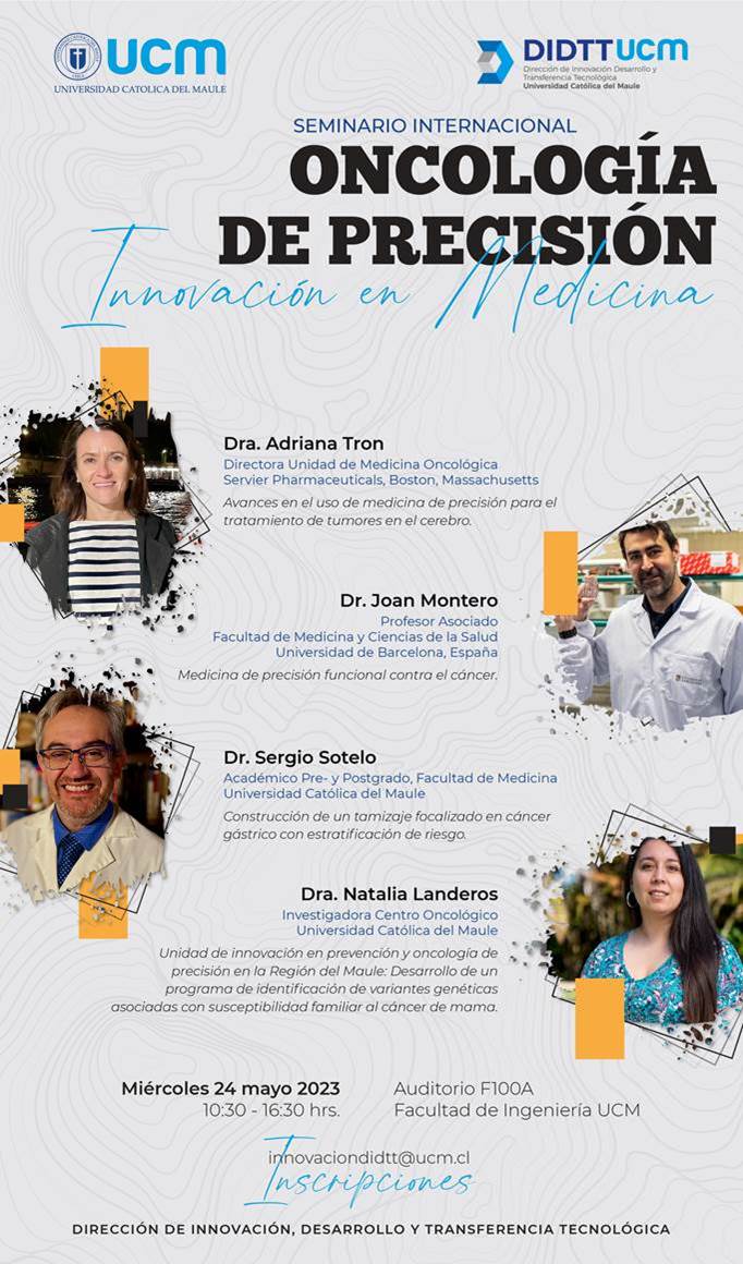 Ven, escucha y aprende lo más nuevo en un seminario #Oncología de #precisión con los investigadores Adri Tron y <a href="/JoanMonte/">Joan Montero</a> y nuestros cientificos Sergio Sotelo y Natalia Landeros <a href="/ucatolicamaule/">U.Católica del Maule</a> 24.05.23, 10.30-16.30h. Para registrarse: innovacionDIDTT@ucm.cl
 #cancer #Innovación