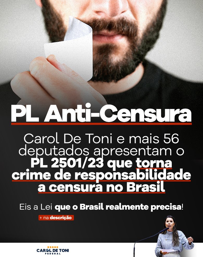 CarolDeToni's tweet image. PL ANTI-CENSURA PROTOCOLADO.

Esse sim é um Projeto de Lei benéfico e positivo para o país, diferente do PL da Censura que veio pra esmagar a liberdade de expressão do povo brasileiro (e o próprio povo brasileiro junto, na verdade).

O PL 2501/23, de 
⤵️