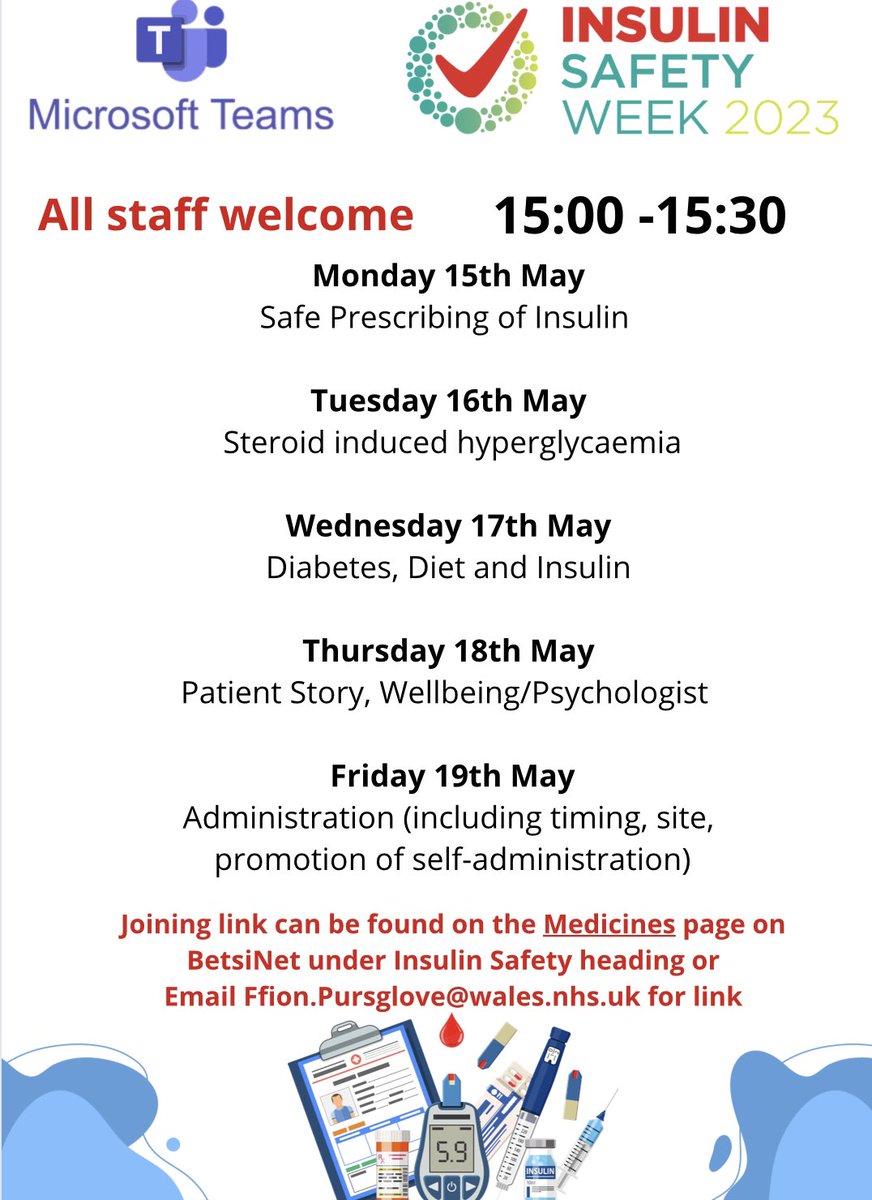 It’s nearly here! Join us during insulin safety week, we have many activities planned across <a href="/BetsiCadwaladr/">Betsi Cadwaladr</a> but don’t miss the webinars below! Search insulin safety on betsinet to find team links and other info <a href="/angelawooduk/">Angela Wood</a> <a href="/mrsjudygreen/">Judith Green</a> <a href="/Janwhe1/">Janw Evans</a> <a href="/MclardieNicky/">Nicky McLardie</a> <a href="/Cymraes_Lois/">Lois Angharad Lloyd</a>