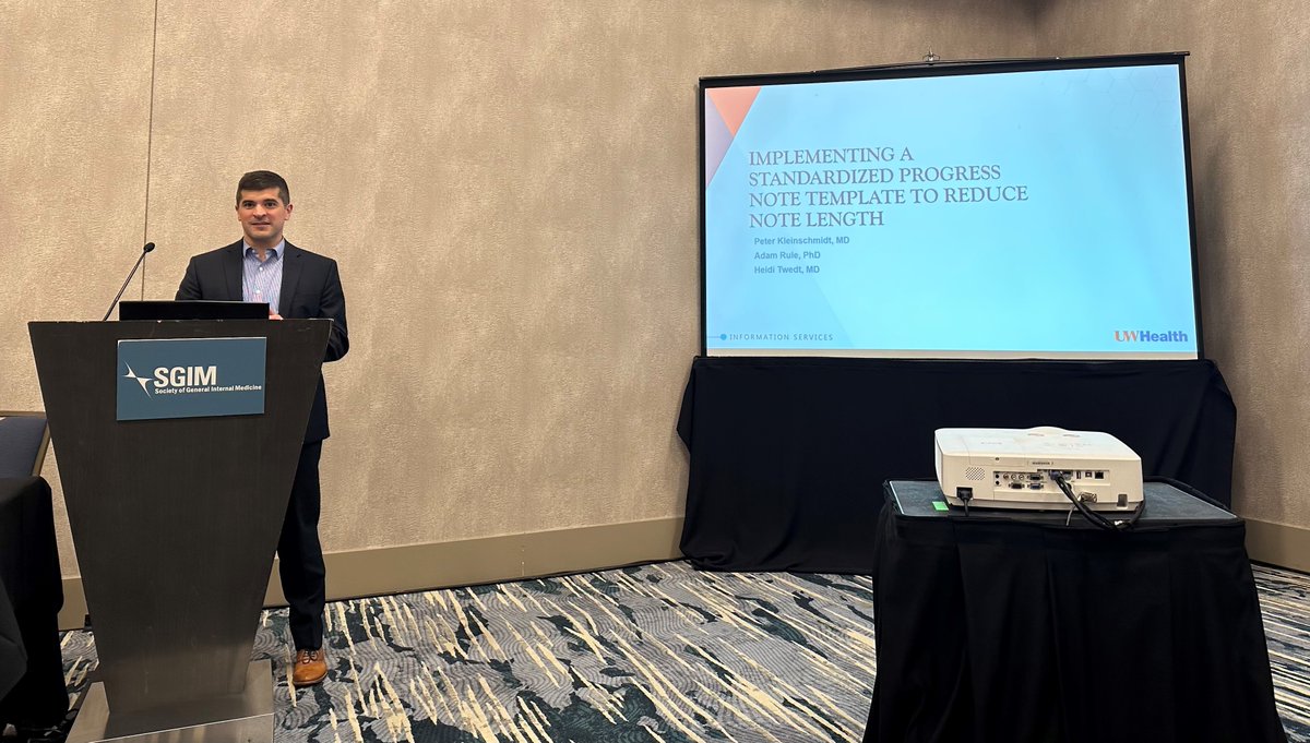 UW Applied Clinical Informatics (@uwinformatics) on Twitter photo Meanwhile, at another conference...*
<a href="/p_kleinschmidt/">Peter Kleinschmidt</a> presents at #SGIM23 on our work <a href="/UWHealth/">UW Health</a> <a href="/uwsmph/">UW School of Medicine and Public Health</a> to reduce #notebloat. Standardized templates, together with myth busting, can help physicians write shorter notes.
*(yes, we get around!)
<a href="/UWMadiSchool/">UW–Madison iSchool</a> <a href="/uw_medicine/">University of Wisconsin Department of Medicine</a> Meanwhile, at another conference...*
<a href="/p_kleinschmidt/">Peter Kleinschmidt</a> presents at #SGIM23 on our work <a href="/UWHealth/">UW Health</a> <a href="/uwsmph/">UW School of Medicine and Public Health</a> to reduce #notebloat. Standardized templates, together with myth busting, can help physicians write shorter notes.
*(yes, we get around!)
<a href="/UWMadiSchool/">UW–Madison iSchool</a> <a href="/uw_medicine/">University of Wisconsin Department of Medicine</a>