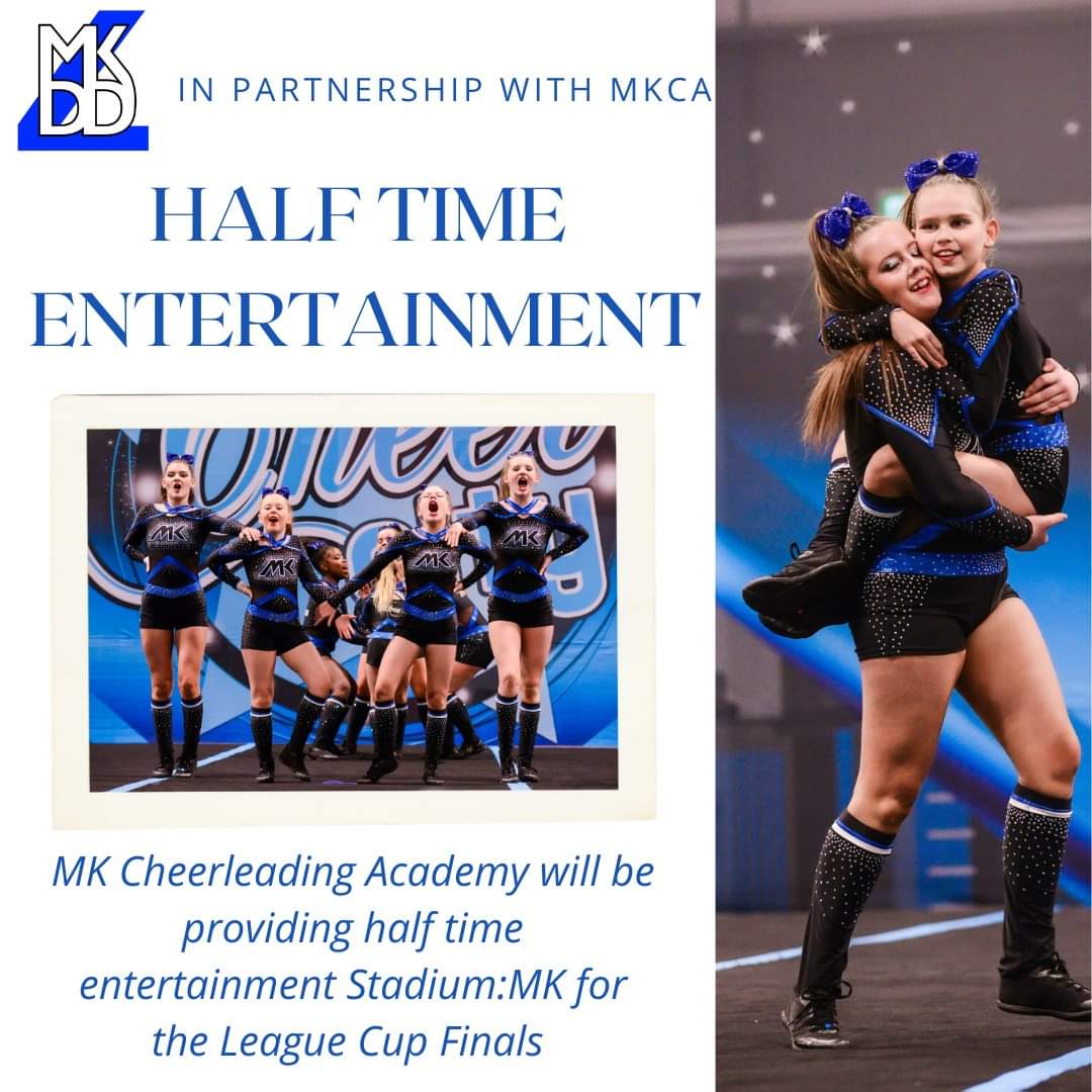 mkcheerleading's tweet photo. We are thrilled to support our partners @MKDDLUK with performances during half time of the cup finals this Sunday! Luna,Nova,Onyx, Echo &amp; Rogue are performing on the pitch at @Stadium_MK Pop down and cheer on MKCA and watch some great football! https://t.co/QLWD4QV3u2