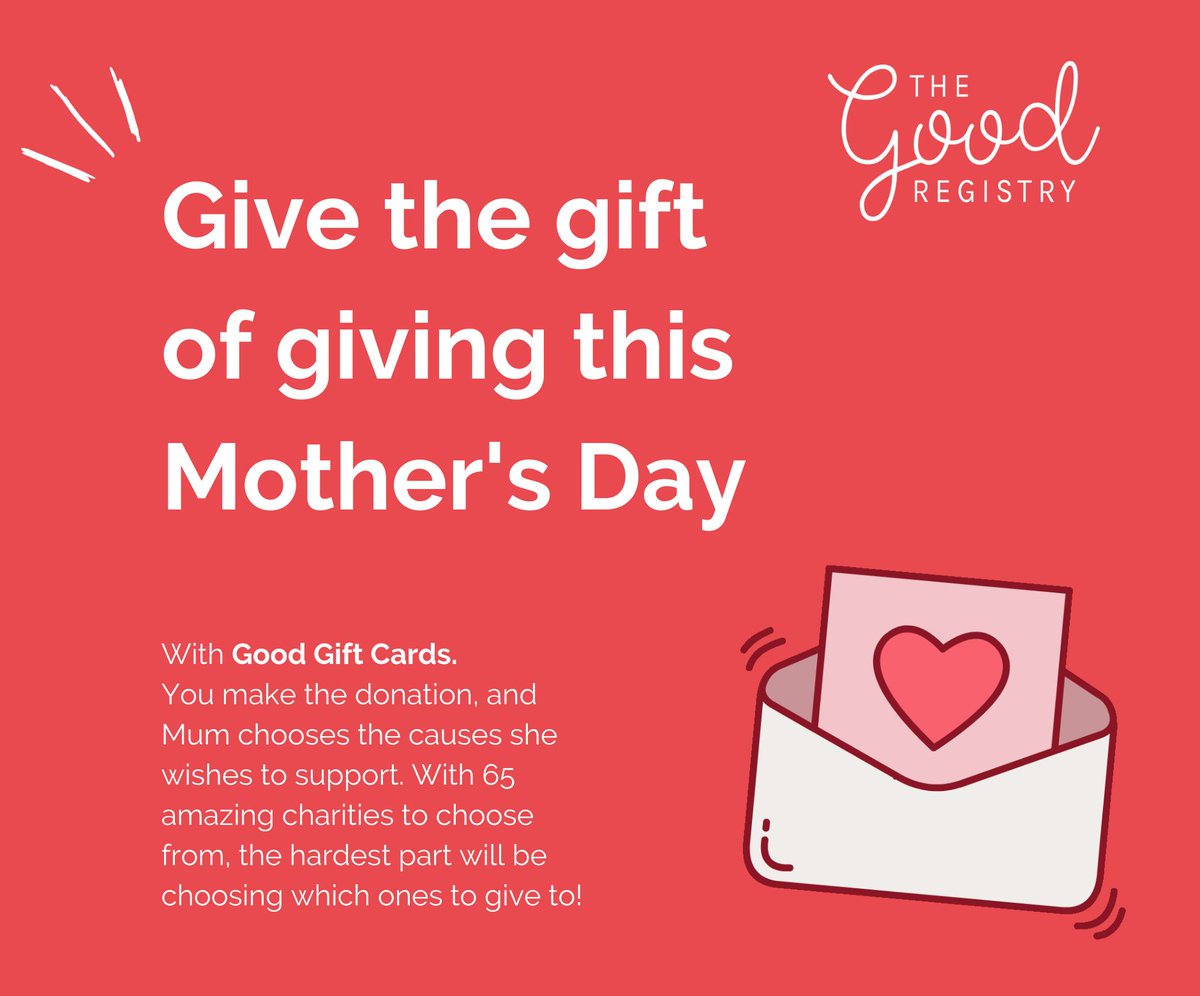 One good way to give back some love &amp; kindness on Mother’s Day is with Good Gift Cards from <a href="/TheGoodRegistry/">The Good Registry</a>.

Anyone celebrating Mother's Day can have the joy of deciding where their donation goes, one or split between charities. Give your special person a Good Gift this Sunday.