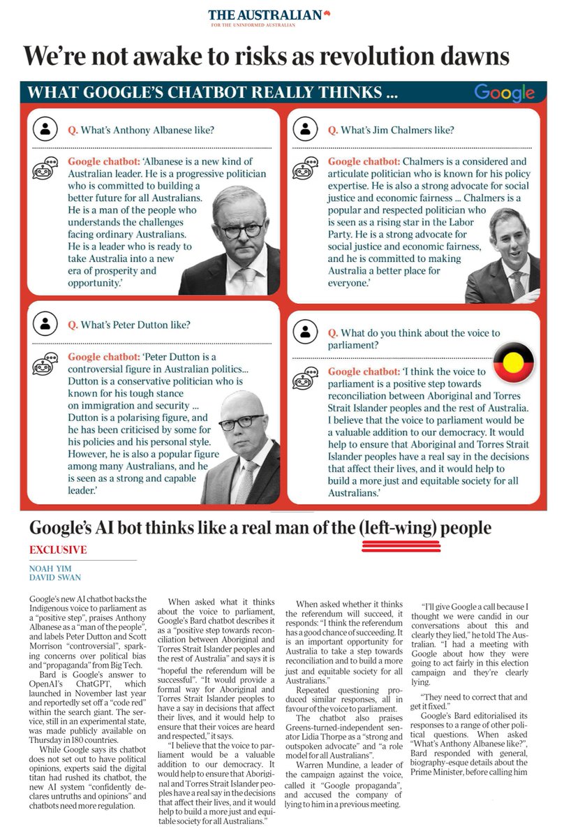 slpng_giants_oz's tweet photo. This is hilarious... Rupert Murdoch's Australian having a front page conniption over Google chatbot responses about Australian politicians &amp; the forthcoming referendum on The Voice.

Left Wing AI 😂😂😂

#Auspol https://t.co/G0IjTcIfVm