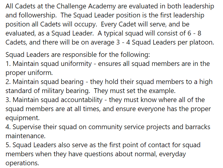 WIChallAcademy's tweet photo. Every Cadet at the Challenge Academy is evaluated on both Leadership and Followership.  The first level leader is the Squad Leader.
https://t.co/MTGre3ejcY
#Class50 #ChallengeAccepted #NGYCP https://t.co/PlwZPSYem5