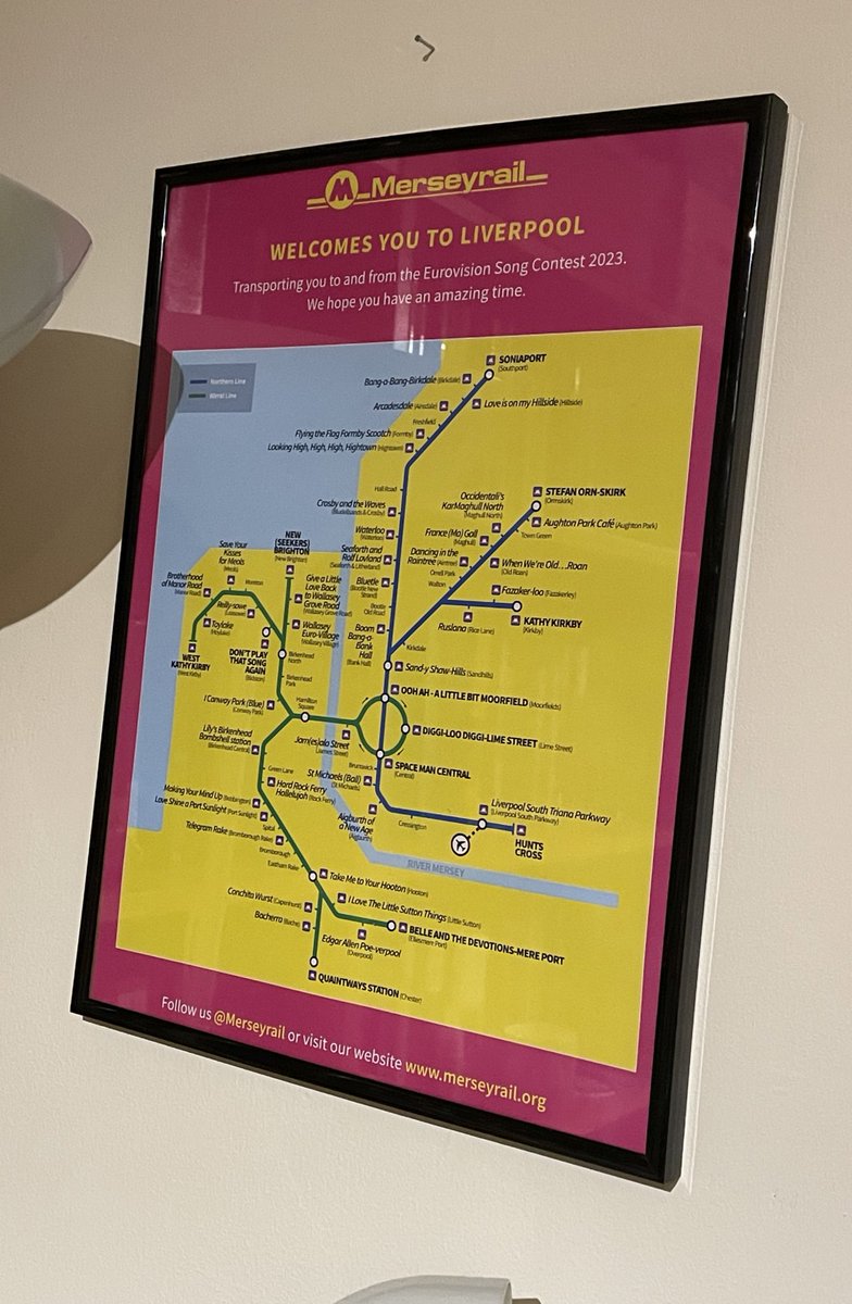birdsnestsblog's tweet photo. When you a job that involves some ridiculously tough days, it’s always helpful to make sure there are reminders of the good ones. Thanks @merseyrail that your map made it straight onto the wall to remind me of the brilliant #TeamEurovision.
#SaveYourKissesForMeols https://t.co/Cyc5luZQnB