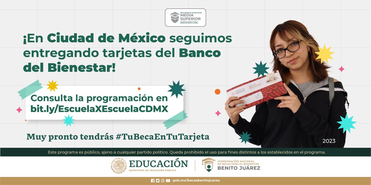 📢  Becaria y becario de #MediaSuperior en la #CDMX🚨

Seguimos con la entrega de tarjetas del <a href="/bbienestarmx/">Banco del Bienestar</a> 

Revisa cuáles planteles estamos atendiendo esta semana en bit.ly/EscuelaXEscuel…

Muy pronto te entregaremos #TuBecaEnTuTarjeta 💳