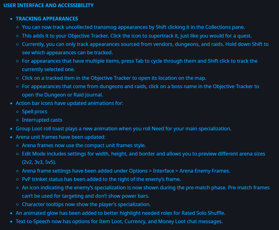 bagelberry's tweet photo. https://t.co/94grClFDKe
10.1.5 PTR patch notes! Check out some of the UI &amp; accessibility updates
Tracking available for the transmog collectors, Arena frame changes, and updated action bar animations! Look out to upcoming PTR weeks for more changes. https://t.co/98wlz5JD0M