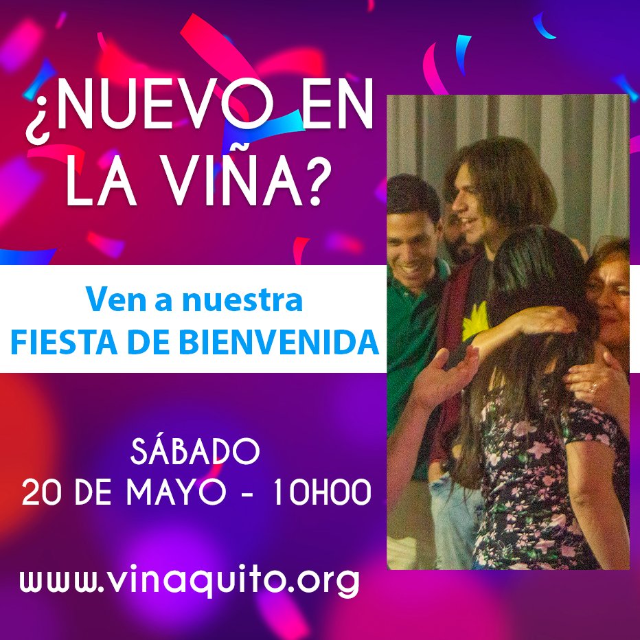 VinaQuito's tweet photo. ¿Nuevo en La Viña? ¡Ven a nuestra fiesta de bienvenida! Conoce a todos los líderes, aprende acerca de nuestra misión, visión y valores, y descubre todas las actividades que ofrecemos en la iglesia. ¡Únete a nosotros para celebrar y ser parte de nuestra comunidad! ¡Te esperamos! https://t.co/bQwSWRgMYV