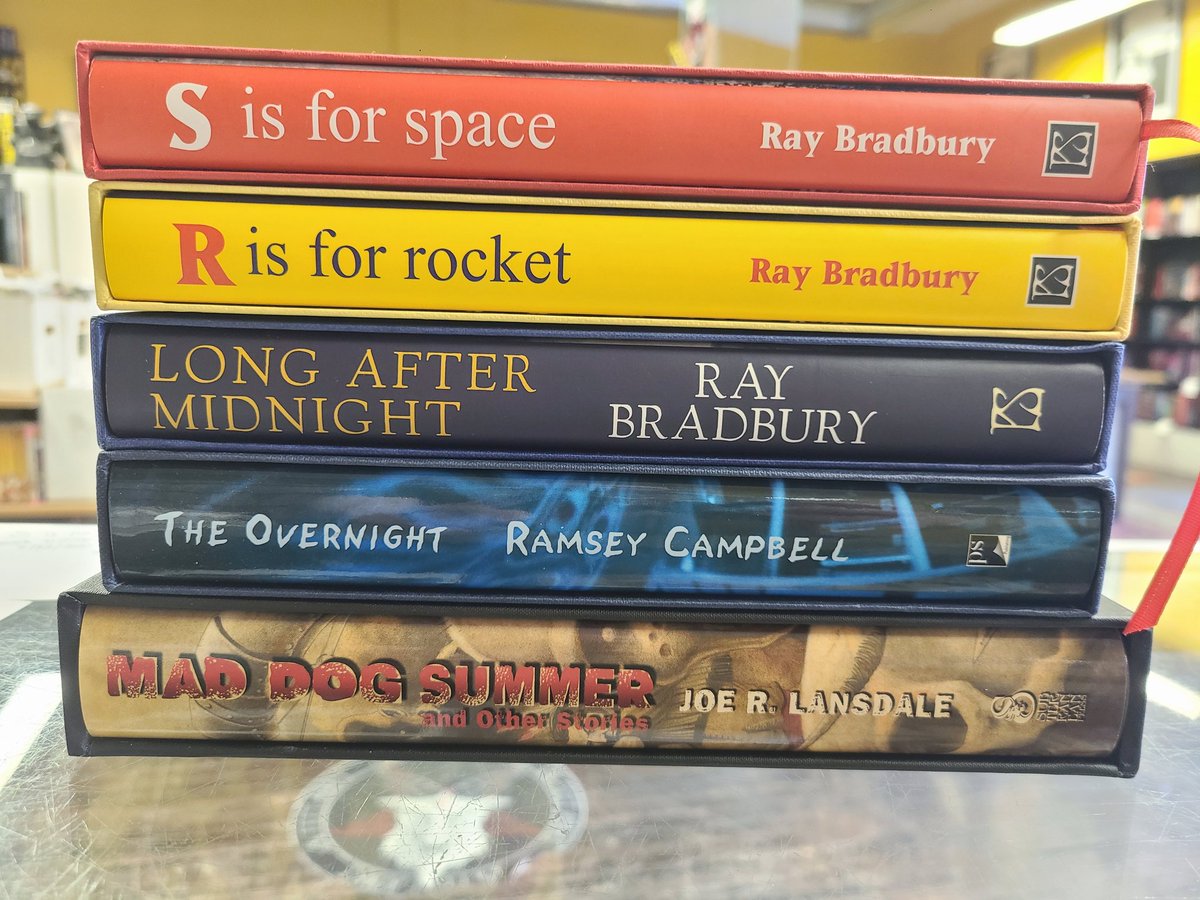Bucketoblood's tweet photo. Today we're adding some BEAUTIFUL signed slipcase edition hardcovers to the rare/collectible book cabinet. #signedbooks #limitededitionbooks #rarebooks #collectiblebooks #raybradbury #genrebooks #bookstore #bucketoblood https://t.co/5Qngnp2jYF