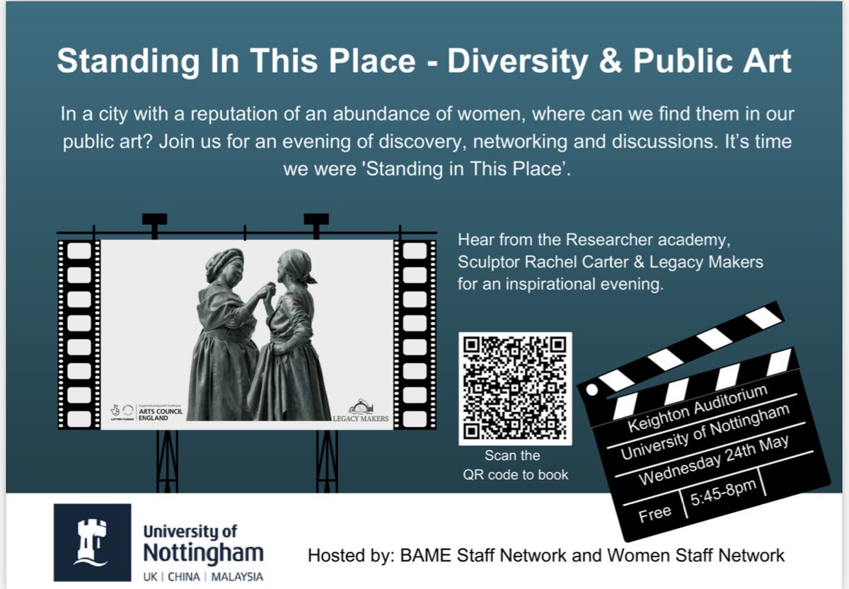 We at the @UniofNottingham are so excited to host @rachelsculpture in this joint @UoNBAME @UoNWomen event supported by @ResearchersUoN. We will discuss #Gender #Race in the Public Arts, featuring @UoNGeography’s Susanne Seymour. Open to all. 
Registration: forms.office.com/Pages/Response…