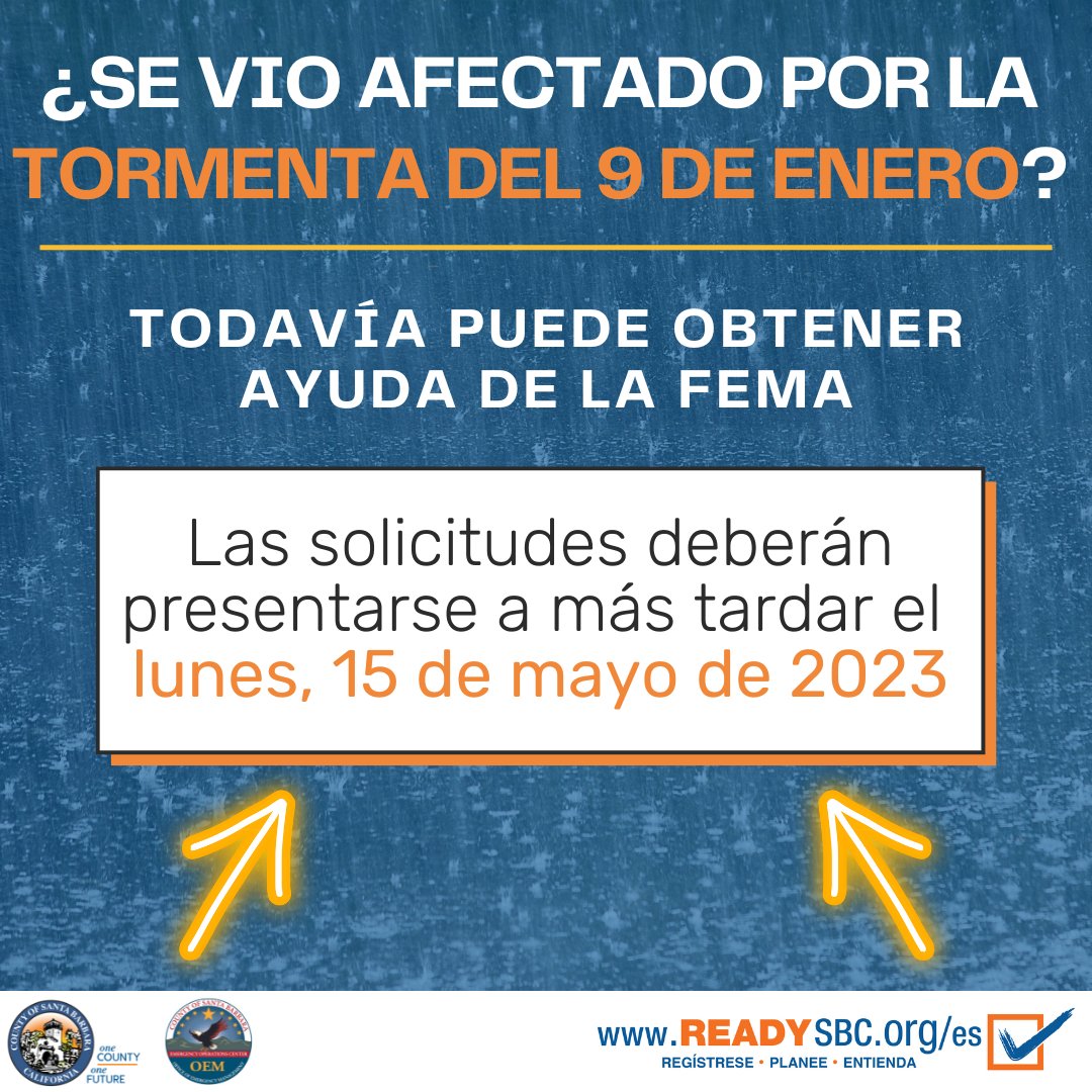 SBCountyOEM: "¿Se vio afectado por las tormentas del 9 de enero de este año? ¿Tuvo daños en su propiedad o sufrió pérdidas económicas?
Presente su solicitud antes del 15 de mayo
📲Llamando a la línea de ayuda de FEMA al 1-800-621-3362 o en … "