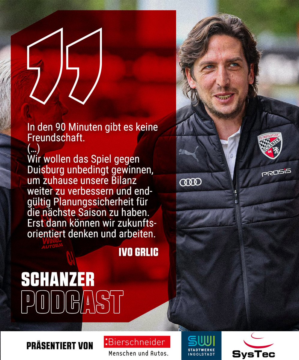 Schanzer's tweet photo. Für unseren neuen Sportdirektor hat #FCIMSV eine ganz emotionale Note: Ivo #Grlic trifft am 36. Spieltag erstmals in seiner Funktion beim FCI auf seinen alten Arbeitgeber Duisburg. 🦓 Von Transfers, einem Umzug & Modeticks handelt die neuste #Schanzer Podcast-Folge.🎙⚫🔴 https://t.co/xVzOD0pybK