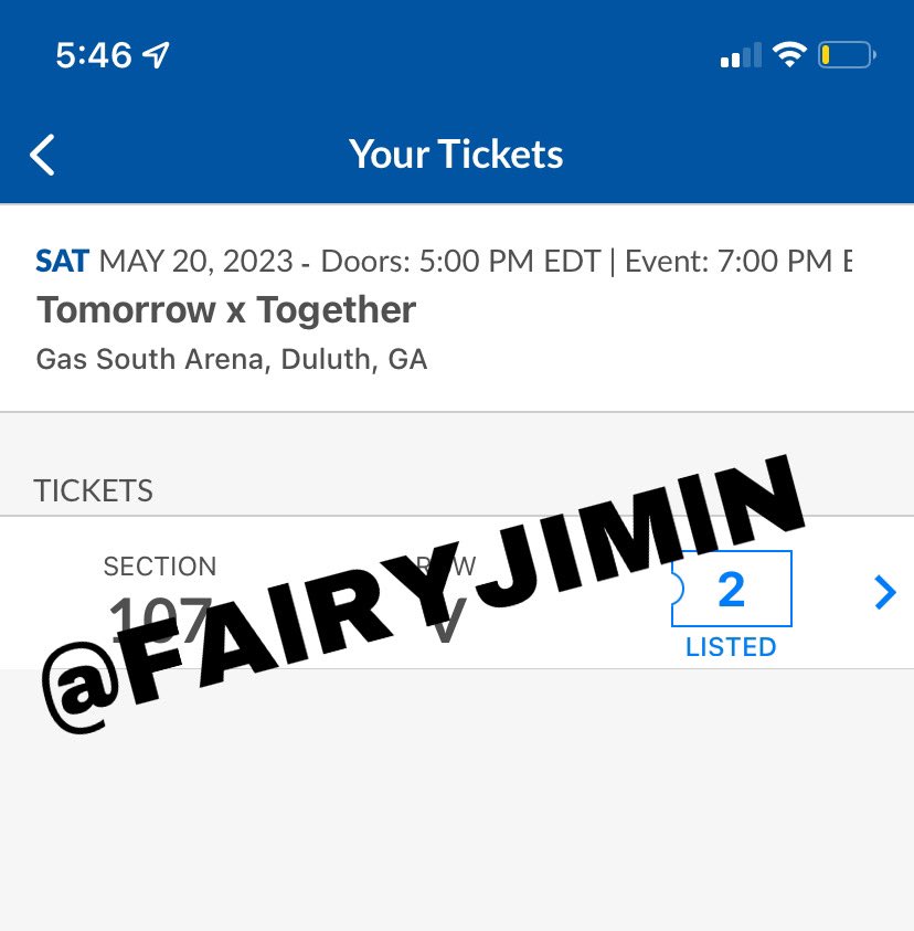 FAlRYJIMlN's tweet photo. wts 2 tickets for txt act:sweet mirage concert in gas south arena duluth atl

- sat may 20
- section 107 row v
- seats 1 &amp; 2 ( aisle seats !! )
- rfs: schedule conflict &amp; $ :(
- listed on axs but can transfer if wanted

dm me if interested ◡̈
#TXT_ASM_TOUR #TOMORROW_X_TOGEHTER https://t.co/ysYR3jAeTr
