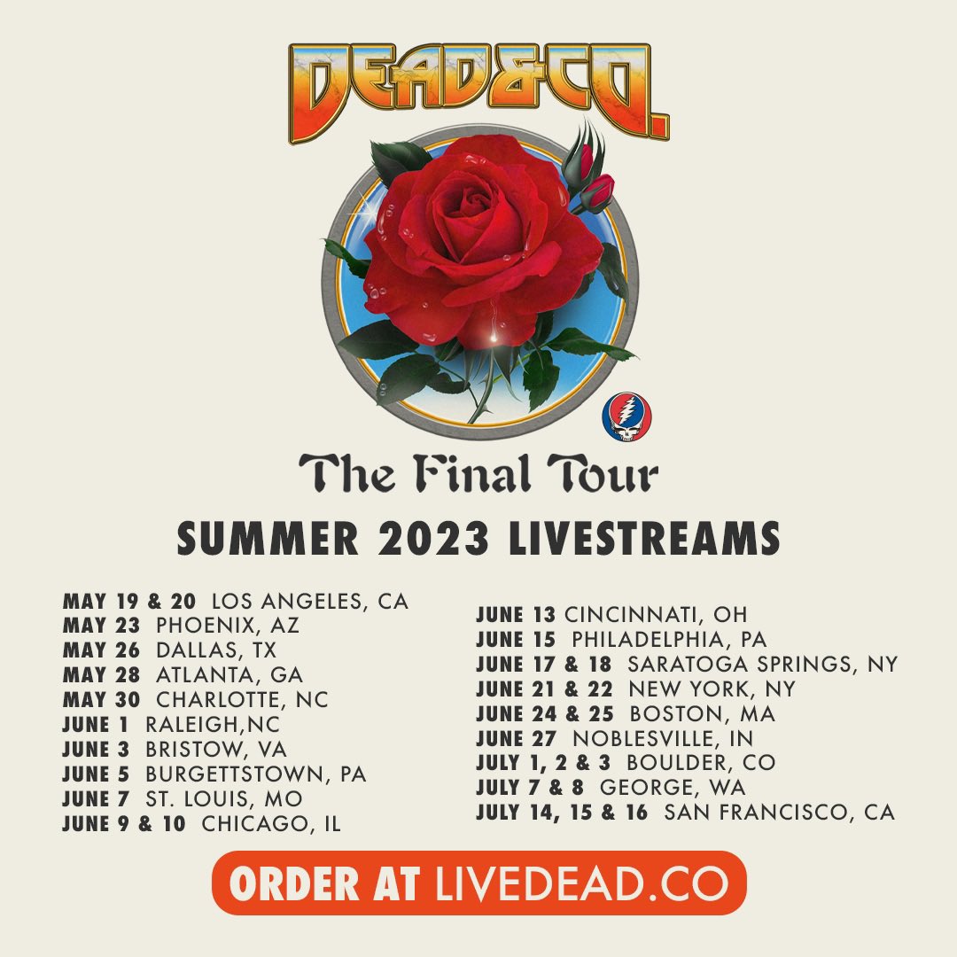 deadandcompany's tweet image. Our Final Tour begins next week, and we’re pleased to announce that you can watch all 29 shows live. 🌹 Individual and multi-night passes are now on sale, in 4K and HD, and each show can be watched live or on-demand with 48hrs of unlimited playback. livedead.co