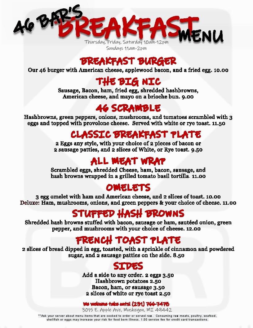 JUST IN: One of our favorite burger bars 🍔 in Muskegon - 46 Bar - is now offering breakfast! Check them out. The Bloody Mary is spot on, and so are the jalapeño poppers! Hours: 
Thursday-Saturday 10am-12pm
Sundays 11am-2pm!