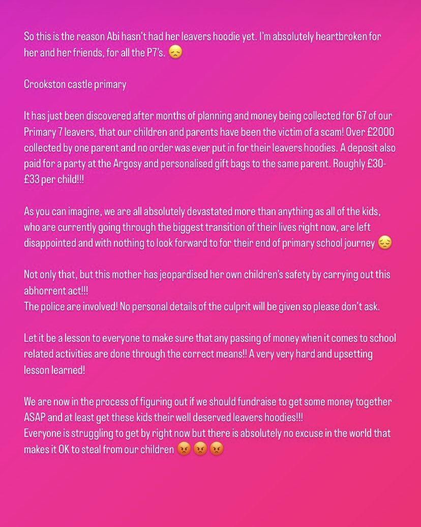 MacleodKelly's tweet photo. This has happened at Crookston castle primary school.  Absolutely heartbreaking. Lots of kids disappointed. 
Thankfully the school parent council have stepped in to help. 🙌 https://t.co/hOD01vynne