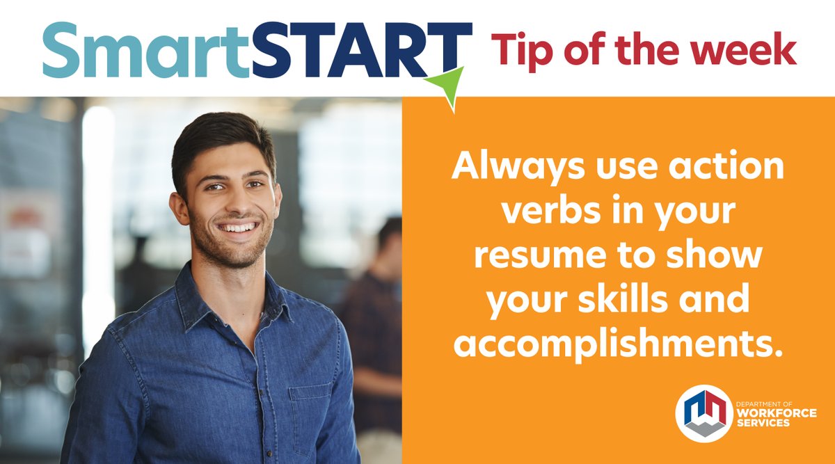 JobsUT's tweet photo. Smart Start tip of the week: Remember to use action verbs to describe your accomplishments if you're updating your resume. Check out the Smart Start guide for a list of action verbs and more resume-writing tips. https://t.co/LpF41EKWDK #JobSearch #ResumeWriting #SmartStartTips https://t.co/RyZKjPy0U1