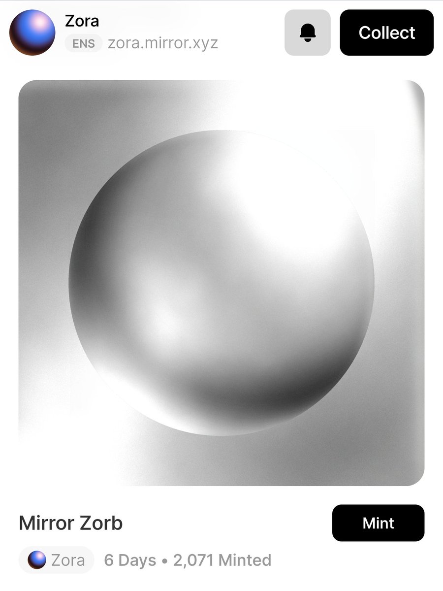 Free Mint: Mirror Zorb
👉 zora.mirror.xyz/hUXHdiTBhPM6j8…
(Optimism, ~$2)
.
NFT เนื่องในโอกาสที่ mirror.xyz รองรับการ embed หน้าต่าง mint NFT จาก zora ได้โดยตรง