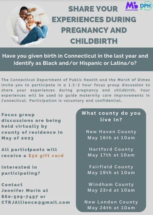 Focus group opportunity! If you have given birth in CT within the past year and identify as Black and/or Hispanic or Latina/o, consider discussing your experiences in this virual focus group. Participants will receive a $50 gift card.