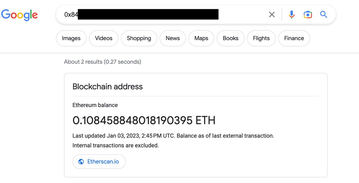 You can now search any Ethereum address in Google and you'll see the Ethereum balance right in search results (alongside a link to Etherscan) - well done to the team <a href="/Google/">Google</a>  🚀🚀🚀