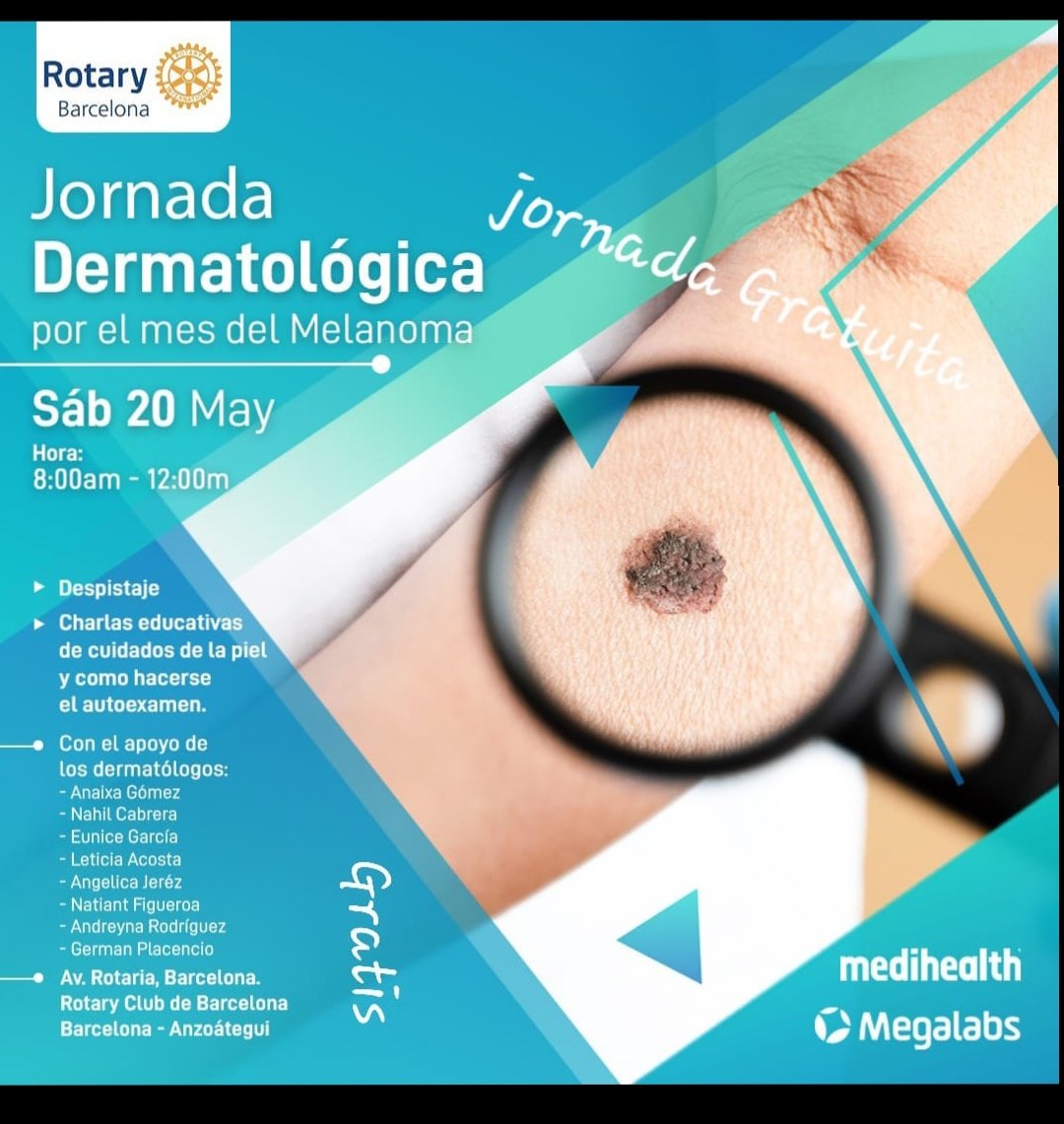 Amigos, el sábado 20 de Mayo se hará una jornada dermatológica GRATIUITA en la clínica Rotary Barcelona. Agradezco el retweet para llegar a personas que lo necesiten!